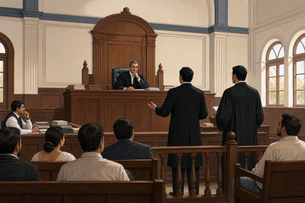 Illustration of a courtroom with judge, advocates, and observers